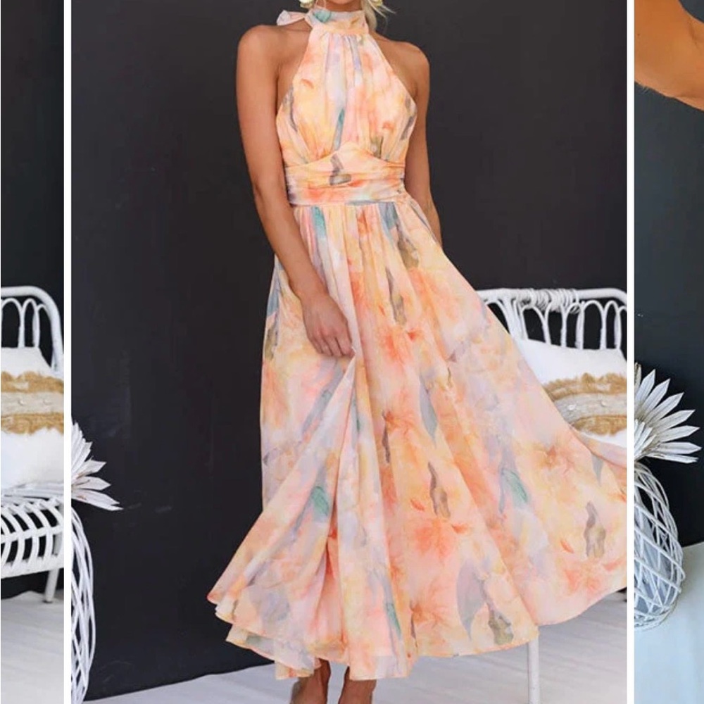 Halter Neck Floral Watercolor Maxi Dress in Peach by Pearl Veil Boutique